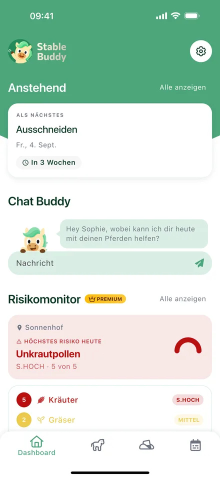 StableBuddy Dashboard mit nächstem Termin und Chat Buddy