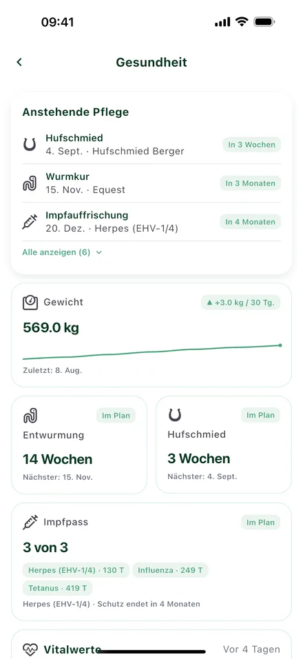 Gesundheits-Übersicht mit anstehender Pflege